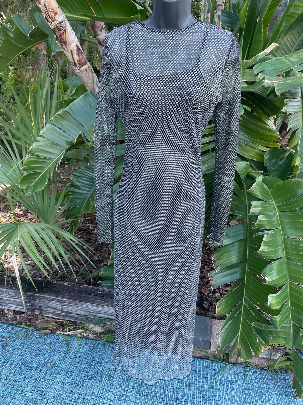 Silver metallic sparkle, fishnet, or chain mail two piece dress